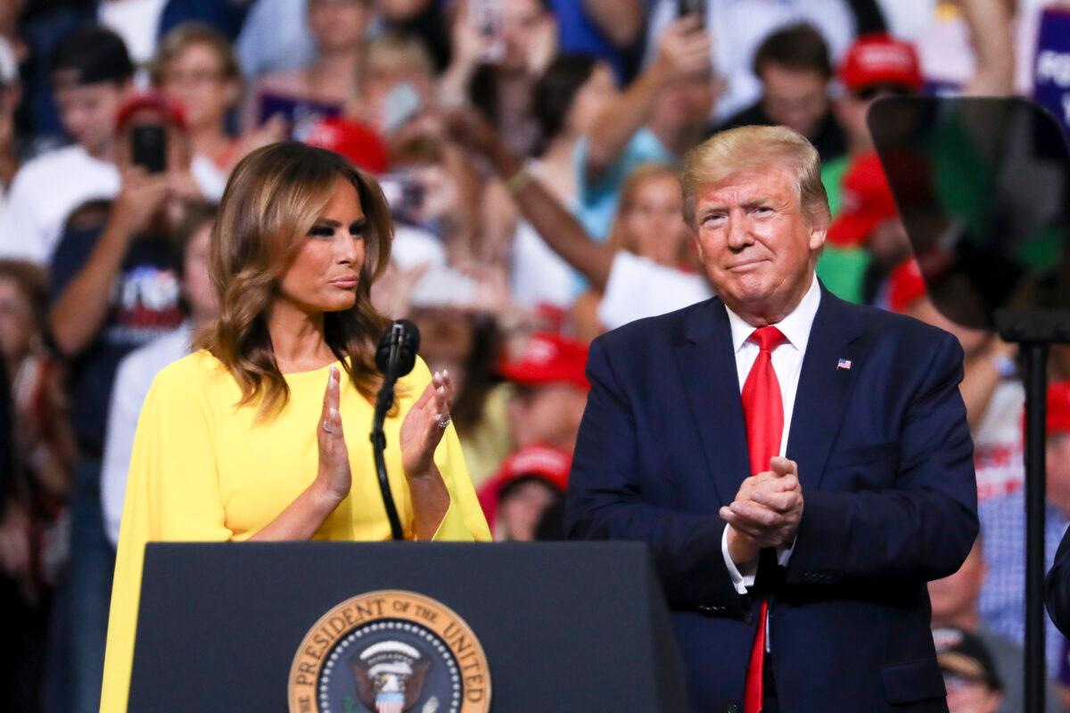 First Lady Melania Trump and President Donald Trump at Trump's 2020 reelection event in Orlando, Fla., on June 18, 2019. (Charlotte Cuthbertson/The Epoch Times)