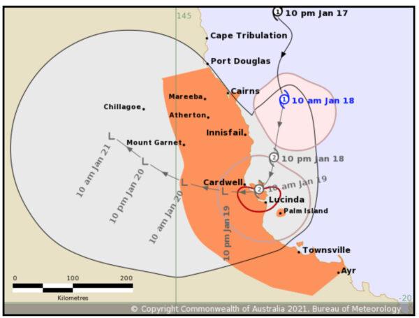 Tropical Cyclone Kimi Forecast Track Map issued by the Bureau of Meteorology at 10:47 a.m. on Jan. 18, 2020. (BOM) Refer to Tropical Cyclone <a href="http://www.bom.gov.au/cgi-bin/wrap_fwo.pl?IDQ20023.html">Advice Number 9</a>.