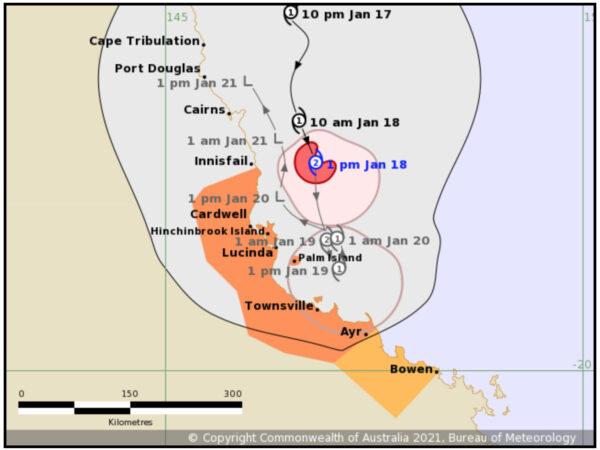 Tropical Cyclone Kimi Forecast Track Map issued by the Bureau of Meteorology at 1:56 p.m. on Jan. 18, 2020. (BOM) Refer to Tropical Cyclone <a href="http://www.bom.gov.au/cgi-bin/wrap_fwo.pl?IDQ20023.html">Advice Number 10</a>.