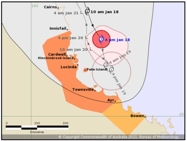  Tropical Cyclone Kimi Forecast Track Map issued by the Bureau of Meteorology at 4.42 p.m. on Jan. 18, 2020. (BOM) Refer to Tropical Cyclone Advice Number 11.