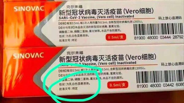 Another Chinese-made COVID-19 vaccine by Sinovac has already been in use. It has not been approved. The approval code on its package shows “TBA.” December 2020. (The Epoch Times)