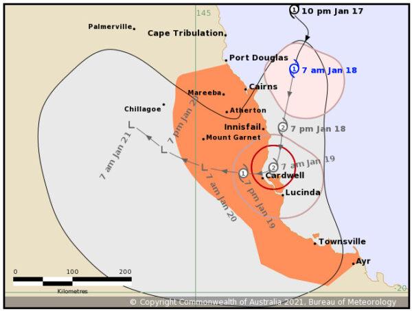  Tropical Cyclone Kimi Forecast Track Map issued by the Bureau of Meteorology at 7:57 a.m. on Jan. 18, 2020. (BOM) Refer to Tropical Cyclone Advice <a href="http://www.bom.gov.au/cgi-bin/wrap_fwo.pl?IDQ20023.html">Number 8</a>.