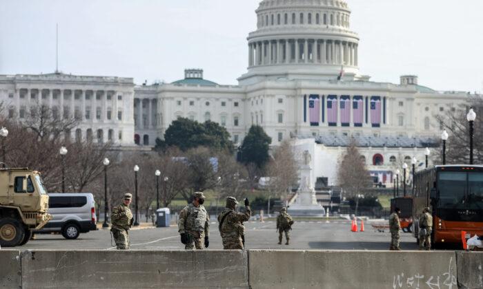 Security around the Capitol building in Washington on Jan. 15, 2021. (Charlotte Cuthbertson/The Epoch Times)