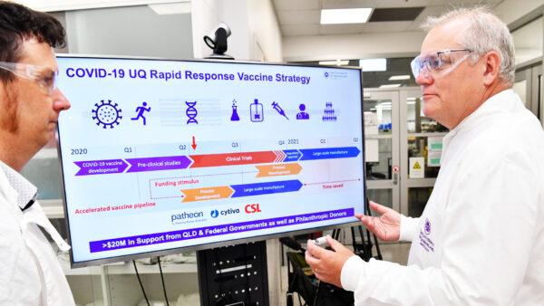 Prime Minister Scott Morrison touring the University of Queensland Vaccine Lab to look over their research as they try to develop a vaccine for the coronavirus in Brisbane, Australia on Oct. 12, 2020. (Darren England/Getty Images)