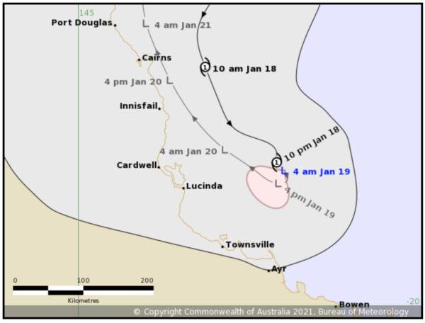 Ex-tropical cyclone Kimi Forecast Track Map issued by the Bureau of Meteorology at 4:19 a.m. on Jan. 19, 2020. (BOM) Refer to Tropical Cyclone Advice Number 15.