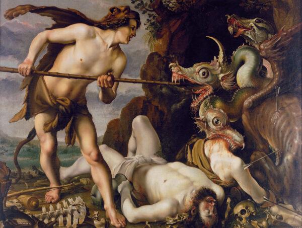 “Cadmus Slays the Dragon,” between 1573 and 1617, by Hendrick Goltzius. Oil on canvas, 74.4 inches by 97.6 inches. National Gallery of Denmark. (Public Domain)