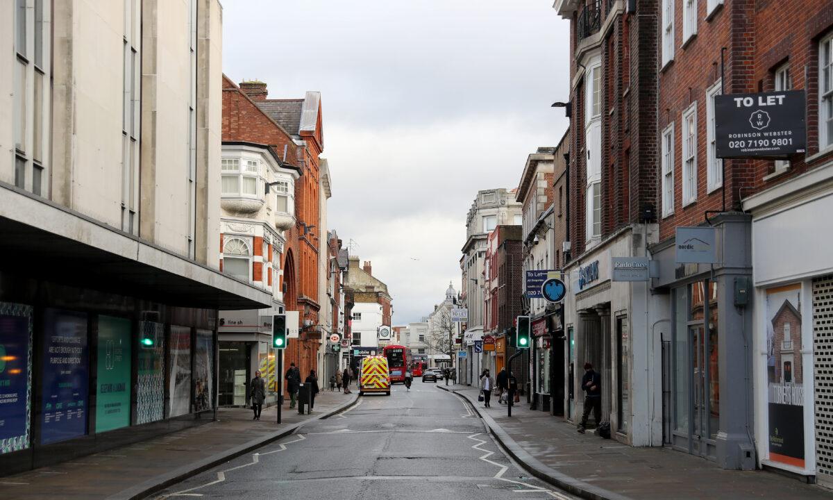 The partially deserted shopping high street in Richmond-Upon-Thames during England’s third national CCP virus lockdown in Richmond, London, on Jan. 19, 2021. (Chris Jackson/Getty Images)