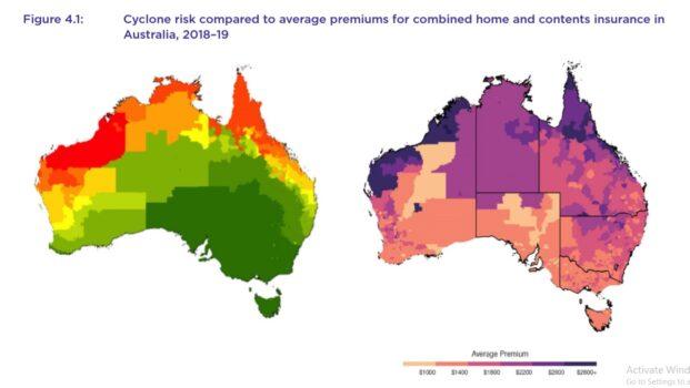 Cyclone risk compared to average premiums for combined home and contents insurance in Australia, 2018-2019. On the left is the cyclone risk areas in Australia, with red representing the highest risk zones and on the right is the average insurance premium prices. (Source ACCC)