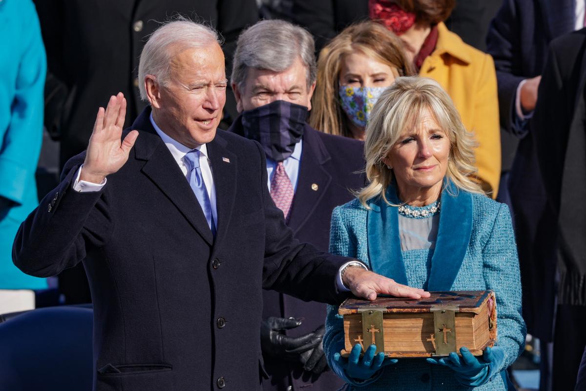Joe Biden is sworn in as U.S. president during his inauguration on the West Front of the Capitol in Washington on Jan. 20, 2021. (Alex Wong/Getty Images)