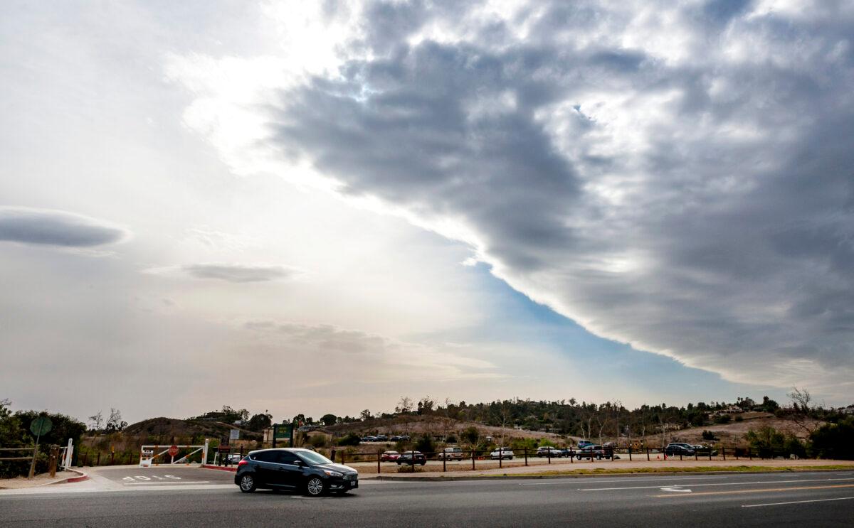 A line of storm clouds moves across Orange County as strong Santa Ana winds began to blow in Orange, Calif., on Jan. 19, 2021. (Mark Rightmire/The Orange County Register via AP)