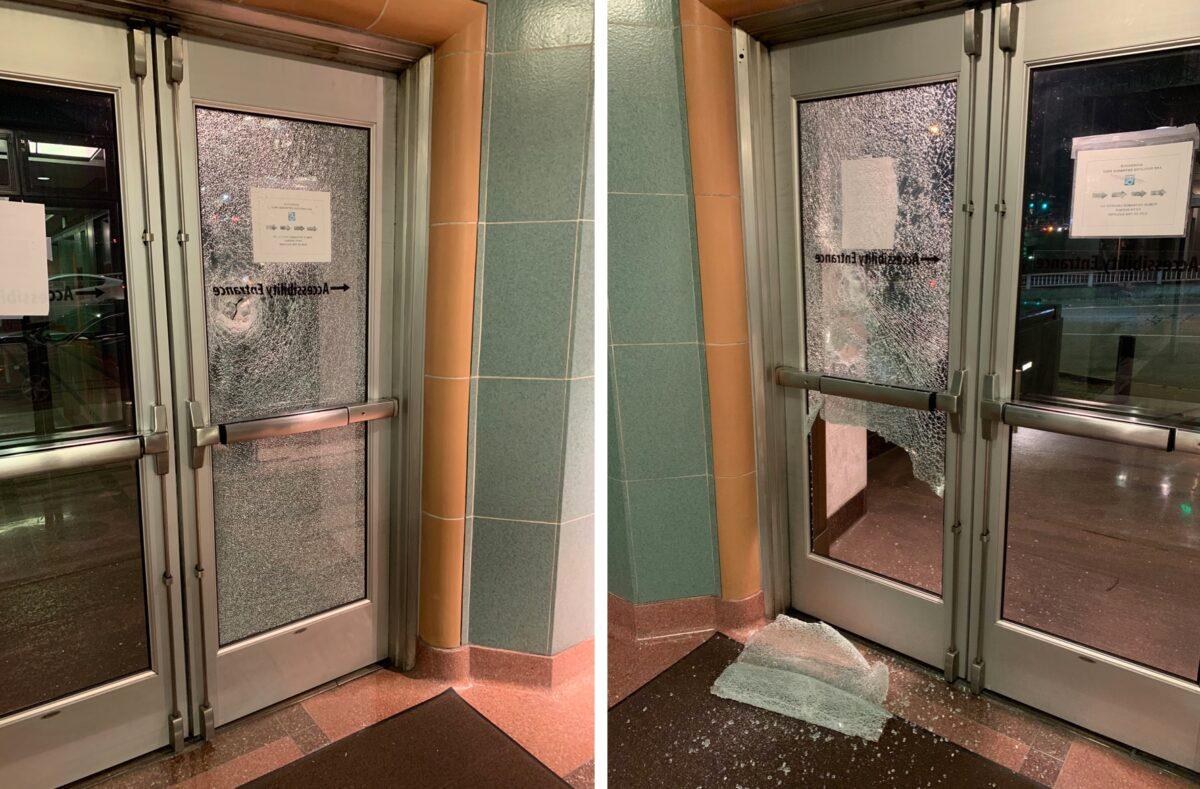 Multiple windows were shattered at the William Kenzo Nakamura Courthouse in Seattle, Wash. on Jan. 20, 2021. (Seattle Police Department)