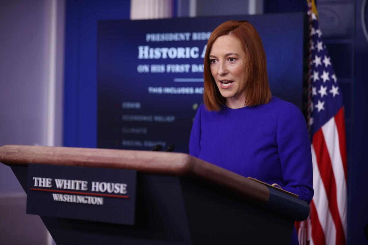 White House press secretary Jen Psaki conducts her first news conference, in Washington on Jan. 20, 2020. (Chip Somodevilla/Getty Images)