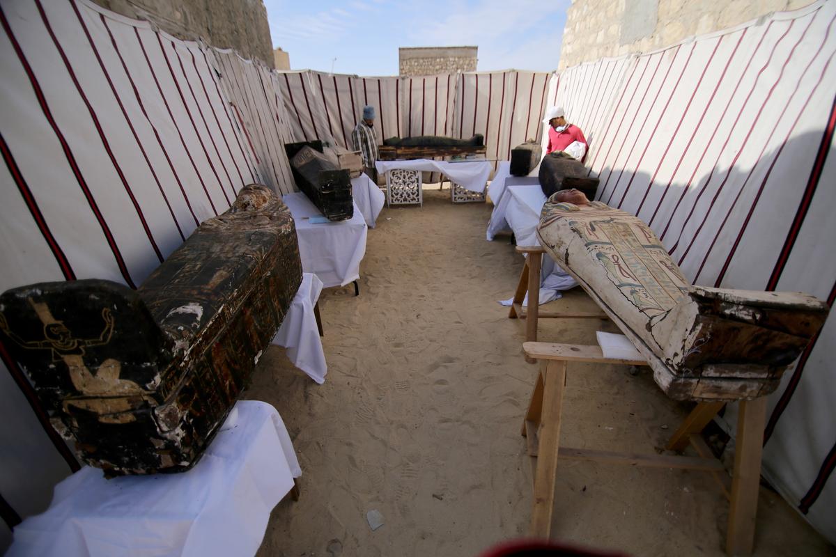 Coffins from the funerary temple of Queen Neit on display on Jan. 17, 2021. (Hanaa Habib/REUTERS)