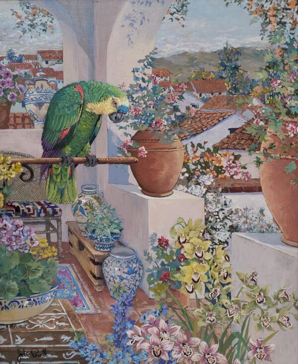 “Parrot and Rooftops,” 1985, by John Powell. Oil on canvas; 20 inches by 24 inches. (Courtesy of Wayne Barnes)