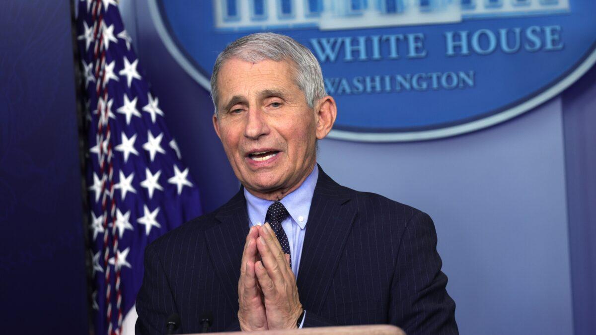 Dr. Anthony Fauci, director of the National Institute of Allergy and Infectious Diseases, speaks during a White House press briefing in Washington on Jan. 21, 2021. (Alex Wong/Getty Images)