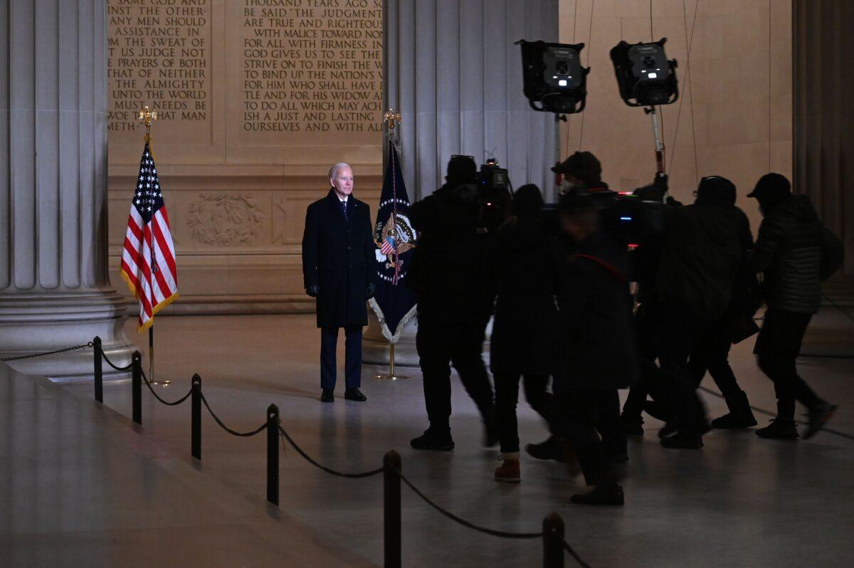 President Joe Biden addresses the nation at the Lincoln Memorial after being inaugurated, in Washington on Jan. 20, 2021. (Jim Watson/AFP via Getty Images)