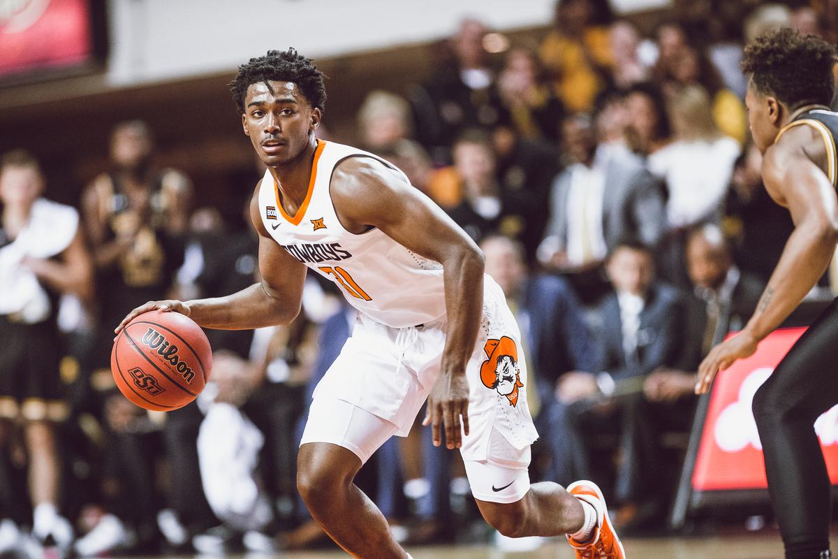 Mitchell with the ball as Oklahoma State Cowboys play Wichita State Shockers at Oklahoma State University's Gallagher-Iba Arena in Stillwater, Okla., on Dec. 8, 2019. (Courtesy of Bruce Waterfield of <a href="https://okstate.com/">Oklahoma State University</a>)