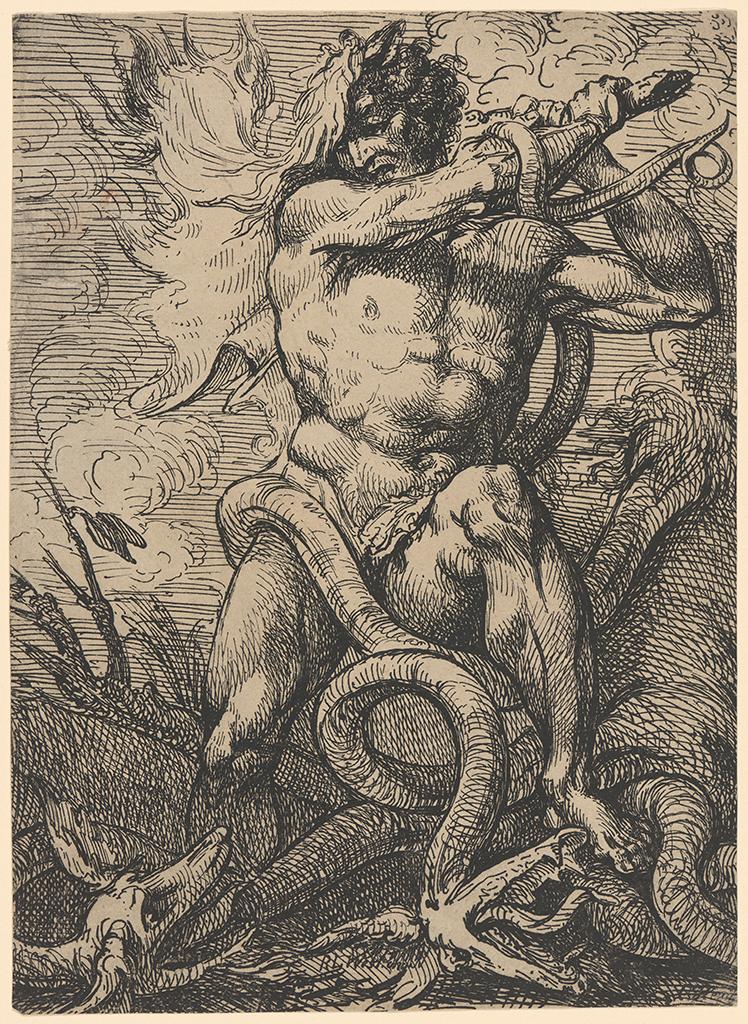 這幅題為「赫拉克勒斯斬殺九頭蛇」(Hercules Slaying the Hydra)的版畫,完成於1802年前後,由老查理斯‧希思(Charles Heath the Elder)模仿拉斐爾‧拉馬爾‧韋斯特(Raphael Lamar West)的畫作刻製。(Open Access Image from the Davison Art Center, Wesleyan University提供)