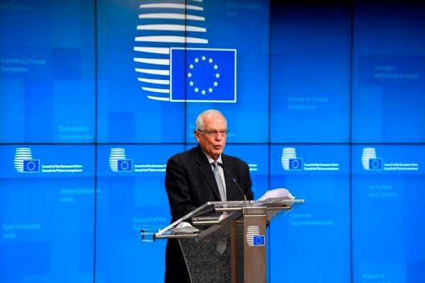 European Union foreign policy chief Josep Borrell talks to journalists during a news conference following an EU Foreign Affairs minister meeting at the European Council building in Brussels, on Jan. 25, 2021. (John Thys/Pool Photo via AP)