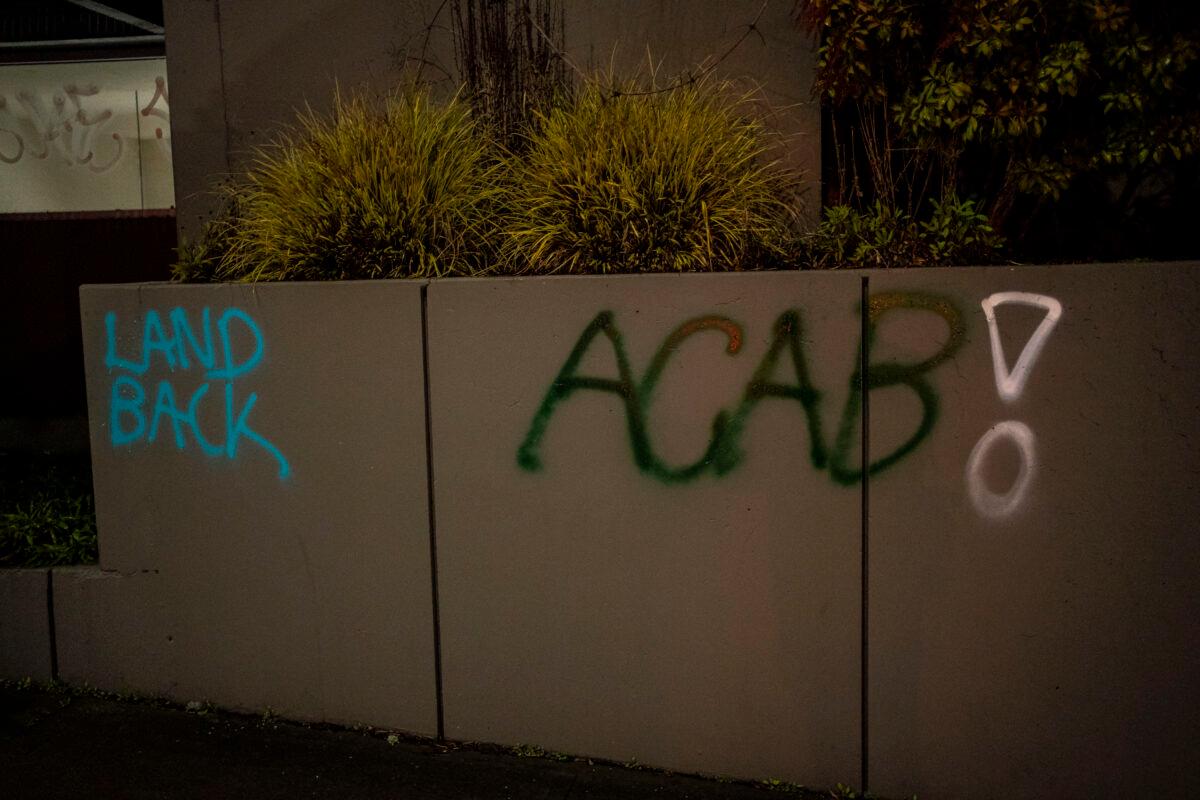 An Antifa slogan is scrawled on the County-City Building in Tacoma, Wash., on Jan. 24, 2021. (David Ryder/Getty Images)