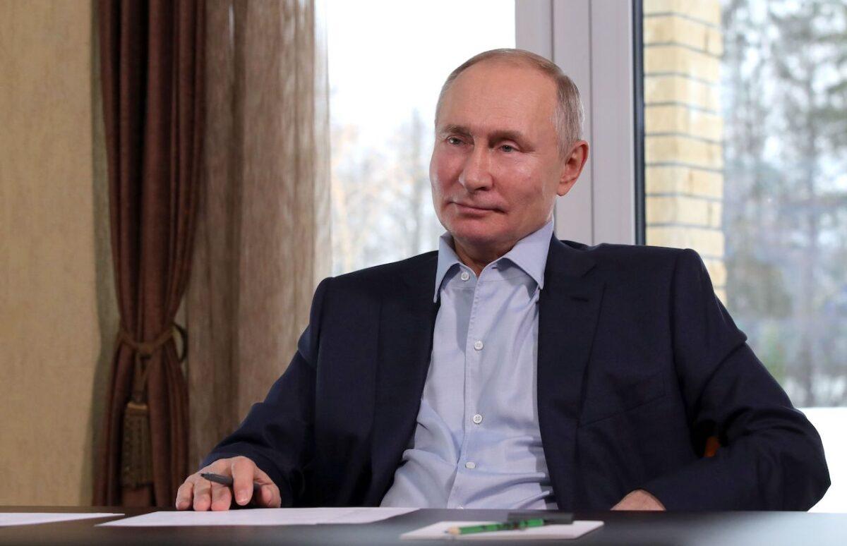 Russian President Vladimir Putin holds a meeting with Russian students via a videoconference on the Students' Day at a residence in Zavidovo, Tver region, Russia, on Jan. 25, 2021. (Mikhail Klimentyev/Sputnik/AFP via Getty Images)