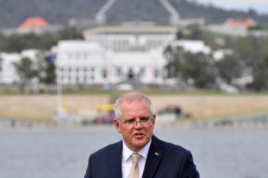 Prime Minister Scott Morrison speaks during an Australia Day Citizenship Ceremony and Flag Raising event in Canberra on Jan. 26, 2021. (AAP Image/Mick Tsikas)