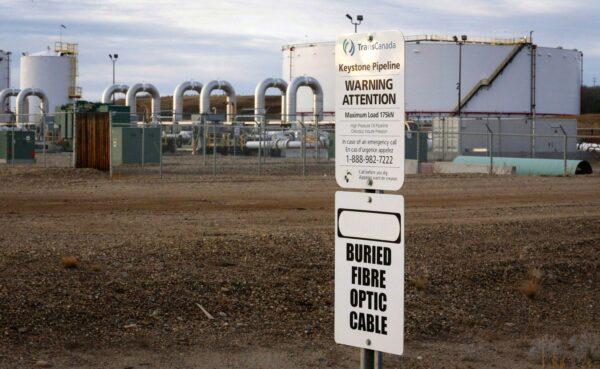 Keystone XL pipeline facilities are seen in Hardisty, Alta., in a file photo. The now-canceled pipeline would have carried oilsands crude from Hardisty to the U.S. Gulf Coast. (The Canadian Press/Jeff McIntosh)