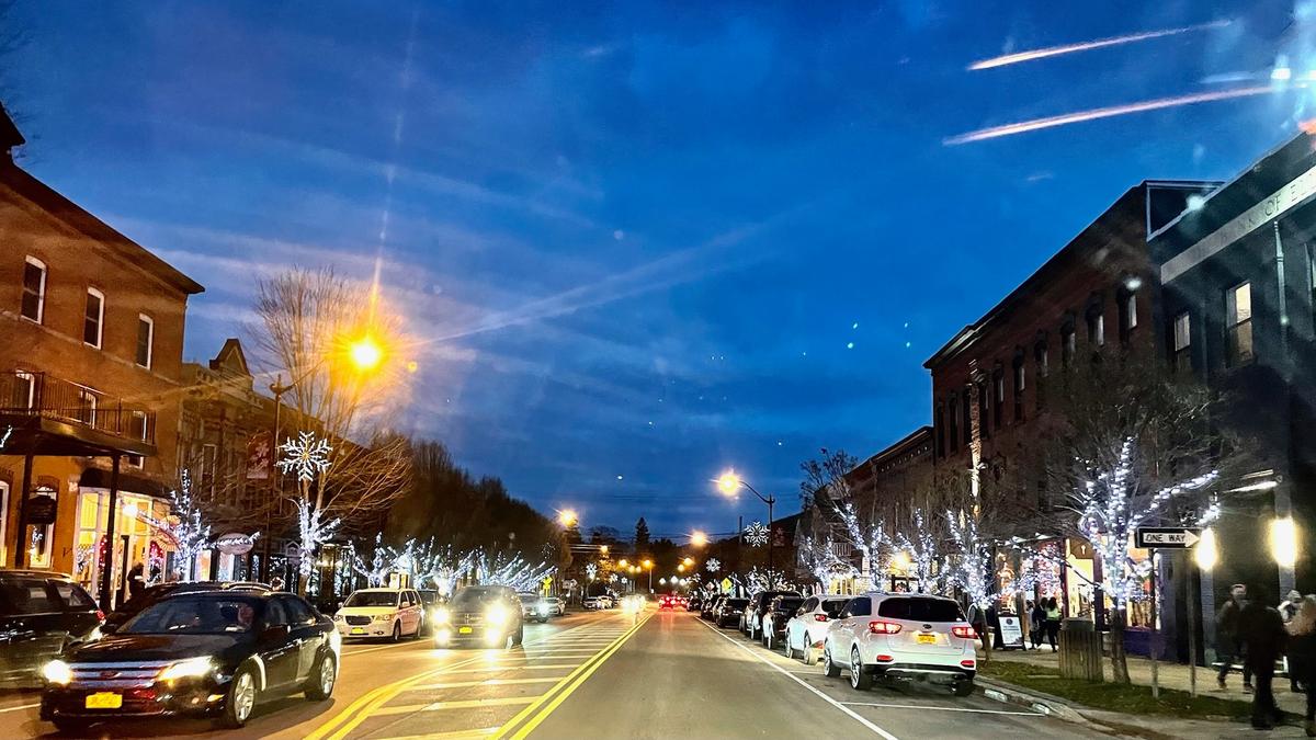 Downtown Ellicottville decorated with holiday lights. (Courtesy of Holiday Valley)
