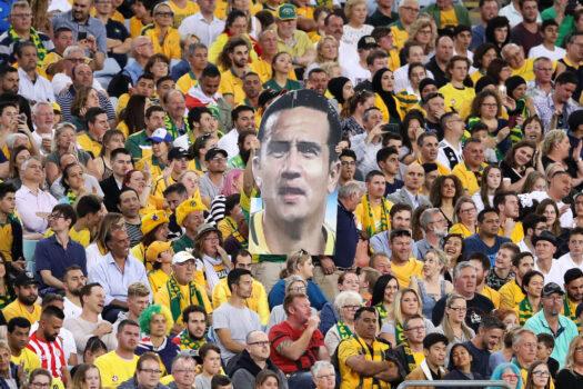 SYDNEY, AUSTRALIA - NOVEMBER 20: A supporter in the crowd holds up a Tim Cahill picture during the International Friendly Match between the Australian Socceroos and Lebanon at ANZ Stadium on November 20, 2018 in Sydney, Australia. (Photo by Mark Kolbe/Getty Images)