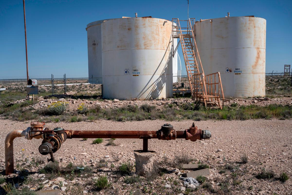 Oil storage tanks are pictured near Maljamar, in Lea County, New Mexico, on April 23, 2020. (PAUL RATJE/AFP via Getty Images)