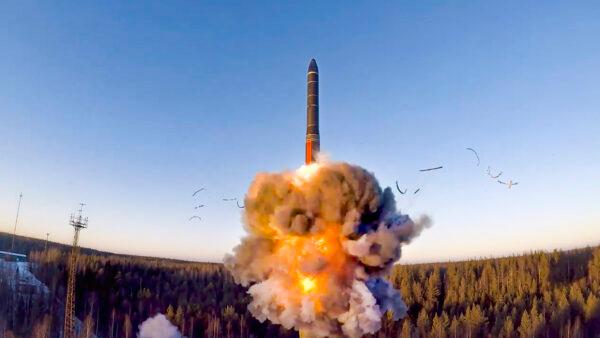 A rocket launches from a missile system as part of a ground-based intercontinental ballistic missile test launched from the Plesetsk facility in northwestern Russia on Dec. 9, 2020. (Russian Defense Ministry Press Service via AP)