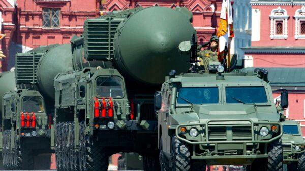 Russian RS-24 Yars ballistic missiles roll in Red Square during the Victory Day military parade in Moscow on June 24, 2020. (Alexander Zemlianichenko/AP Photo)