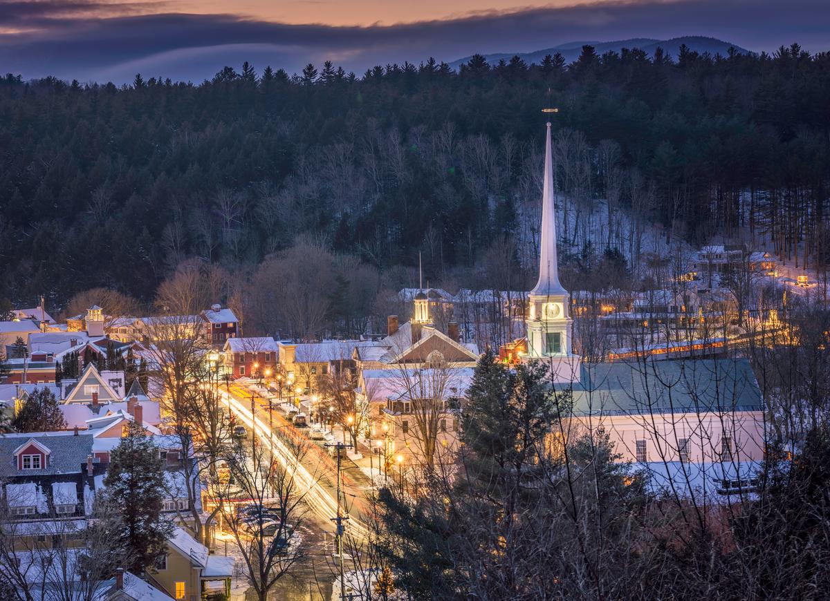 The village of Stowe, Vermont, illuminated in wintertime. (Courtesy of Mark Vandenberg)