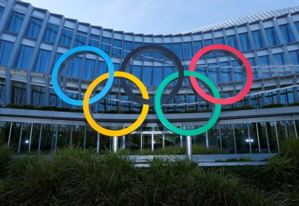 The Olympic rings are pictured in front of the International Olympic Committee (IOC) headquarters in Lausanne, Switzerland on Jan. 26, 2021. (Denis Balibouse/Reuters)