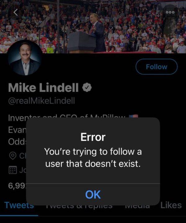 The Twitter account of MyPillow CEO Mike Lindell just moments after it was suspended. (Twitter/realMikeLindell/Screenshot)