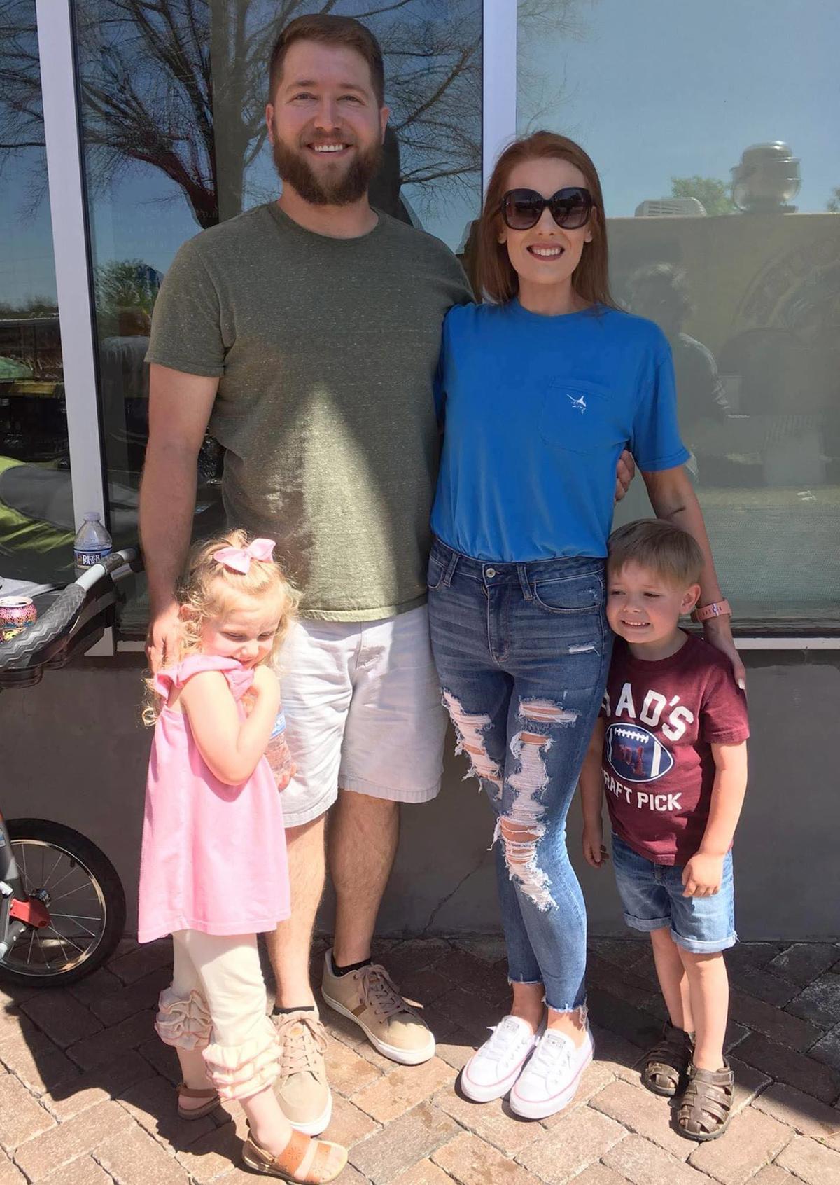 Sarah with her eldest kids, Makenne and Kolby, and her husband, Tyler. (Caters News)