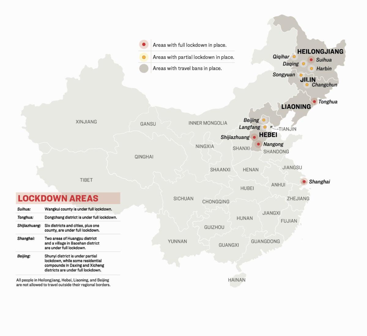 A map illustration of the current CCP virus hotspots in China. (The Epoch Times)