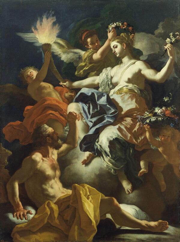 “Aurora Taking Leave of Tithonus,” 1704, by Francesco Solimena. Oil on canvas; 79.5 inches by 59.75 inches. J. Paul Getty Museum, California. (Public Domain)