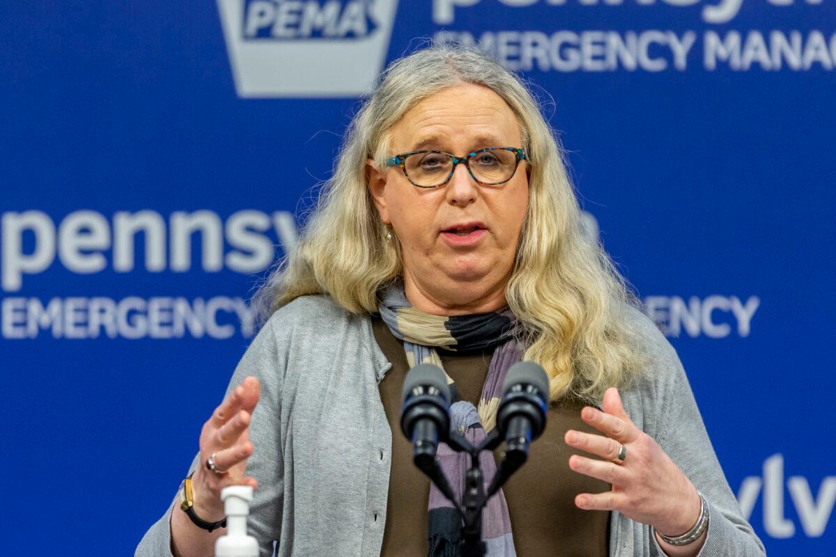  Dr. Rachel Levine, the first transgender state secretary of health, meets with the media at the Pennsylvania Emergency Management Agency headquarters in Harrisburg, Pa., on May 29, 2020. (Joe Hermitt/The Patriot-News via AP)