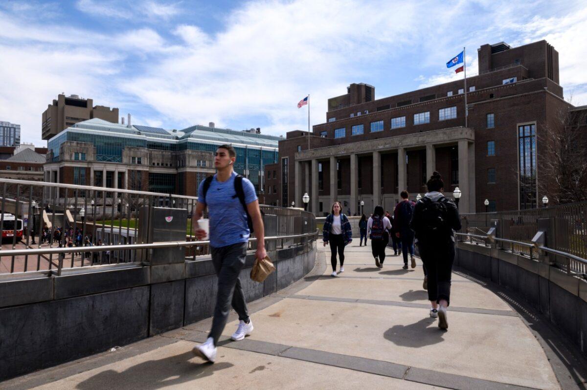 Students walk on the University of Minnesota campus in Minneapolis, Minn., on April 9, 2019. The university closed its Confucius Institute in 2019. (Stephen Maturen/Getty Images)