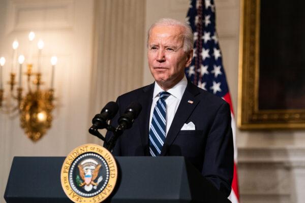 President Joe Biden speaks about climate change issues in the State Dining Room of the White House in Washington, on Jan. 27, 2021. (Anna Moneymaker-Pool/Getty Images)
