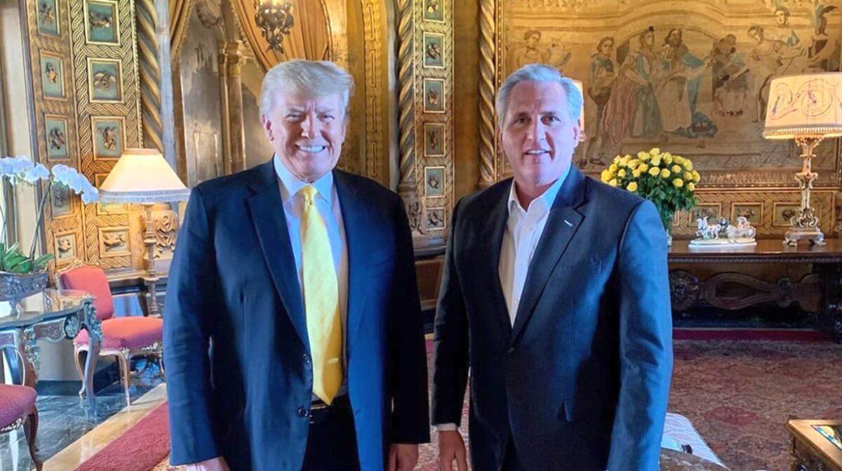 Former President Donald Trump poses with House Minority Leader Kevin McCarthy (R-Calif.) on Jan. 28, 2021. (Save America PAC)