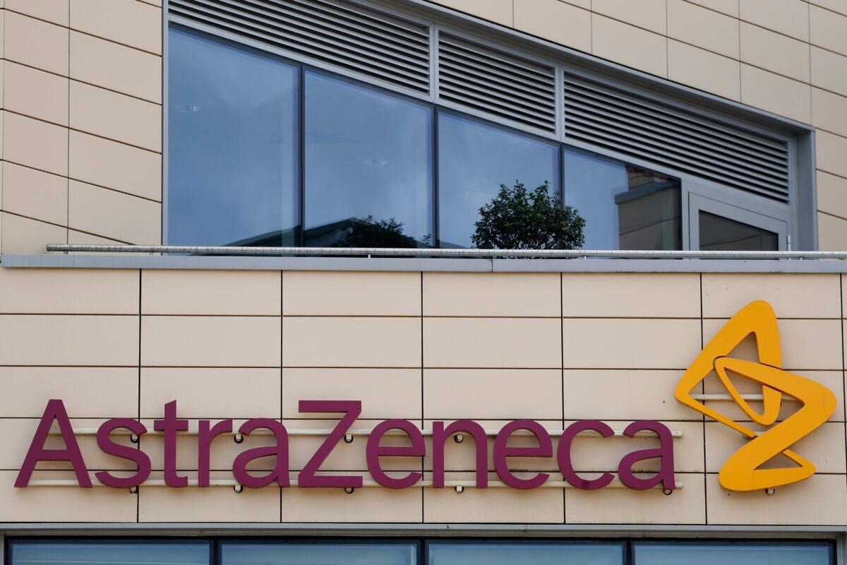 A general view of AstraZeneca offices and the corporate logo in Cambridge, England, on July 18, 2020.  (Alastair Grant/AP Photo)