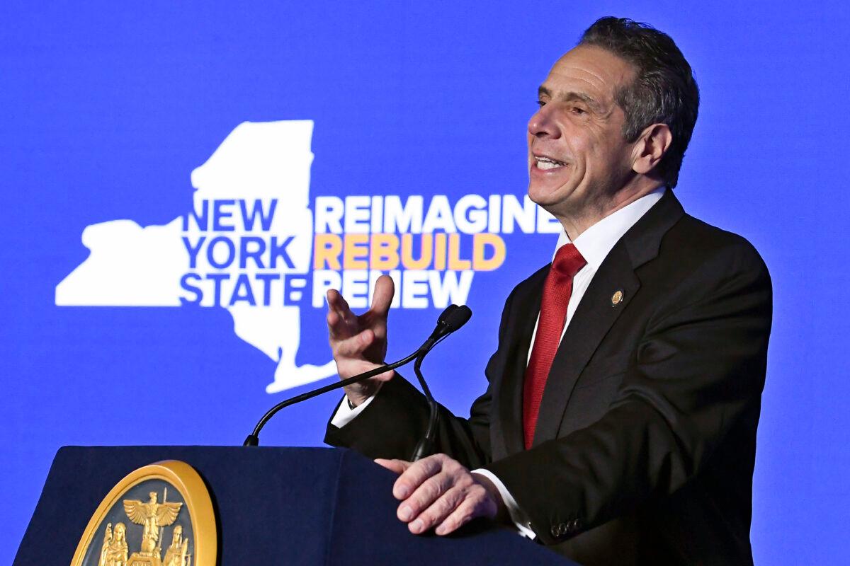 New York Gov. Andrew Cuomo delivers his State of the State address at the state Capitol in Albany, N.Y., on Jan. 11, 2021. (Hans Pennink/AP Photo)