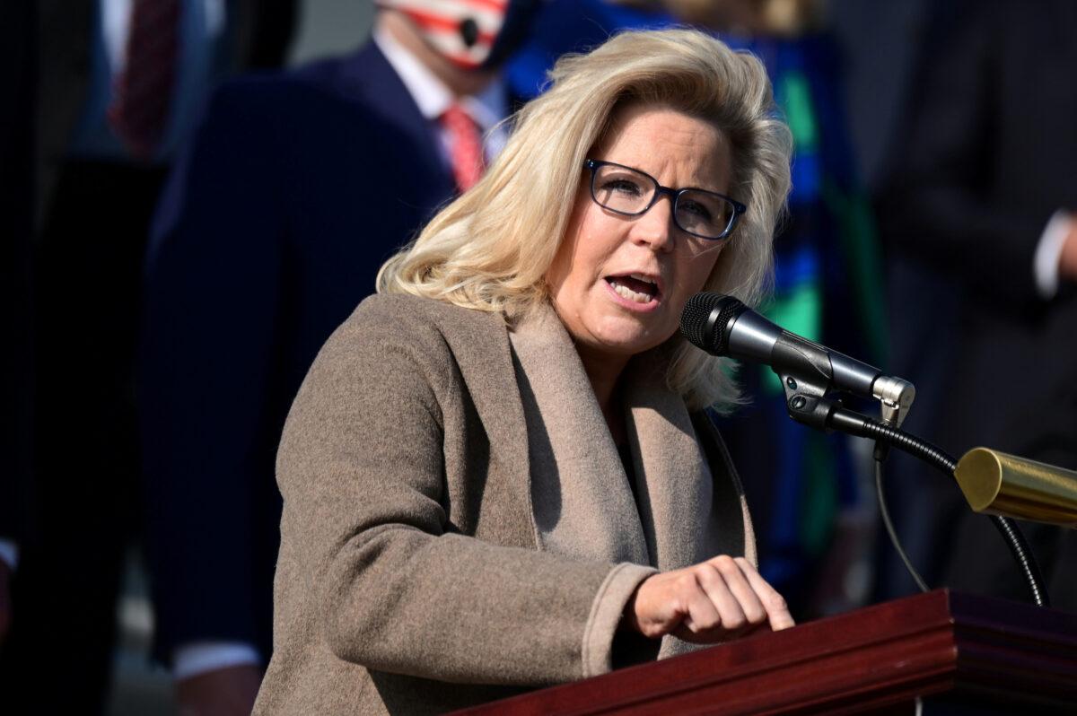 Rep. Liz Cheney (R-Wyo.) speaks during a news conference with other House Republicans at the U.S. Capitol in Washington on Dec. 10, 2020. (Erin Scott/Reuters)