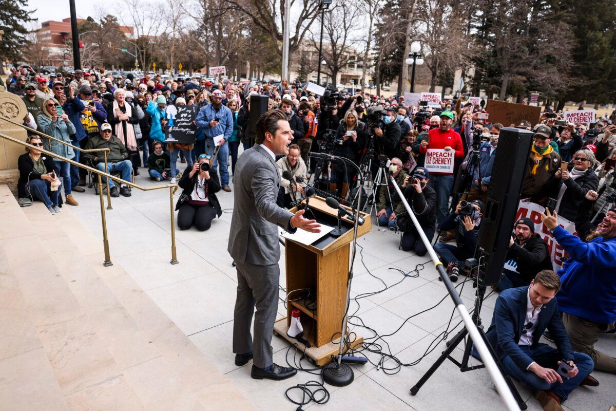 Rep. Matt Gaetz (R-Fla.) speaks to a rally against Rep. Liz Cheney (R-Wyo.) in Cheyenne, Wyo., on Jan. 28, 2021. (Michael Ciaglo/Getty Images)