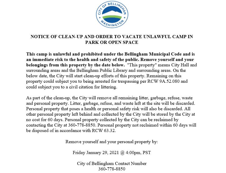 A legal notice given to residents in an encampment outside Bellingham City Hall in Washington state. (City of Bellingham)