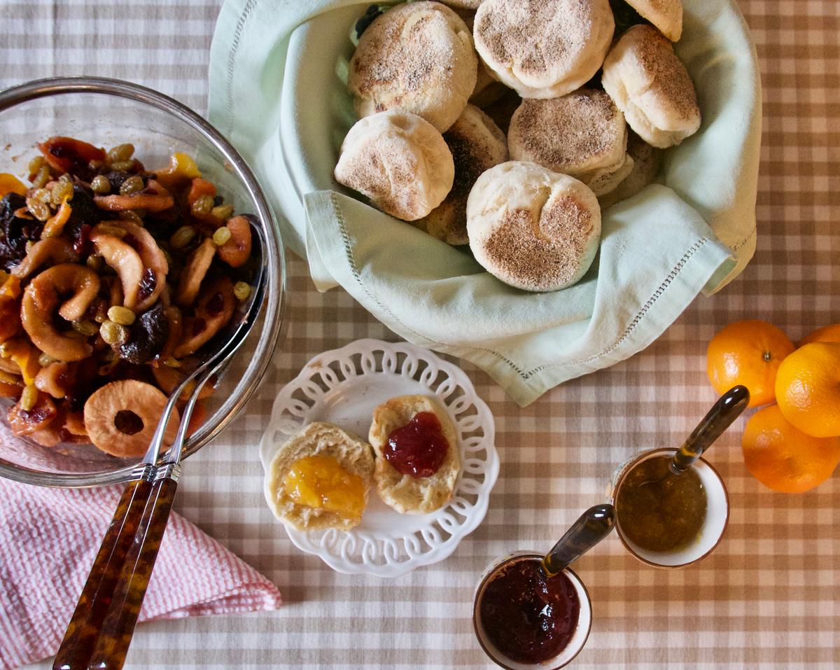The English muffins and dried fruit compote can be made in advance, for a stress-free morning. (Victoria de la Maza)