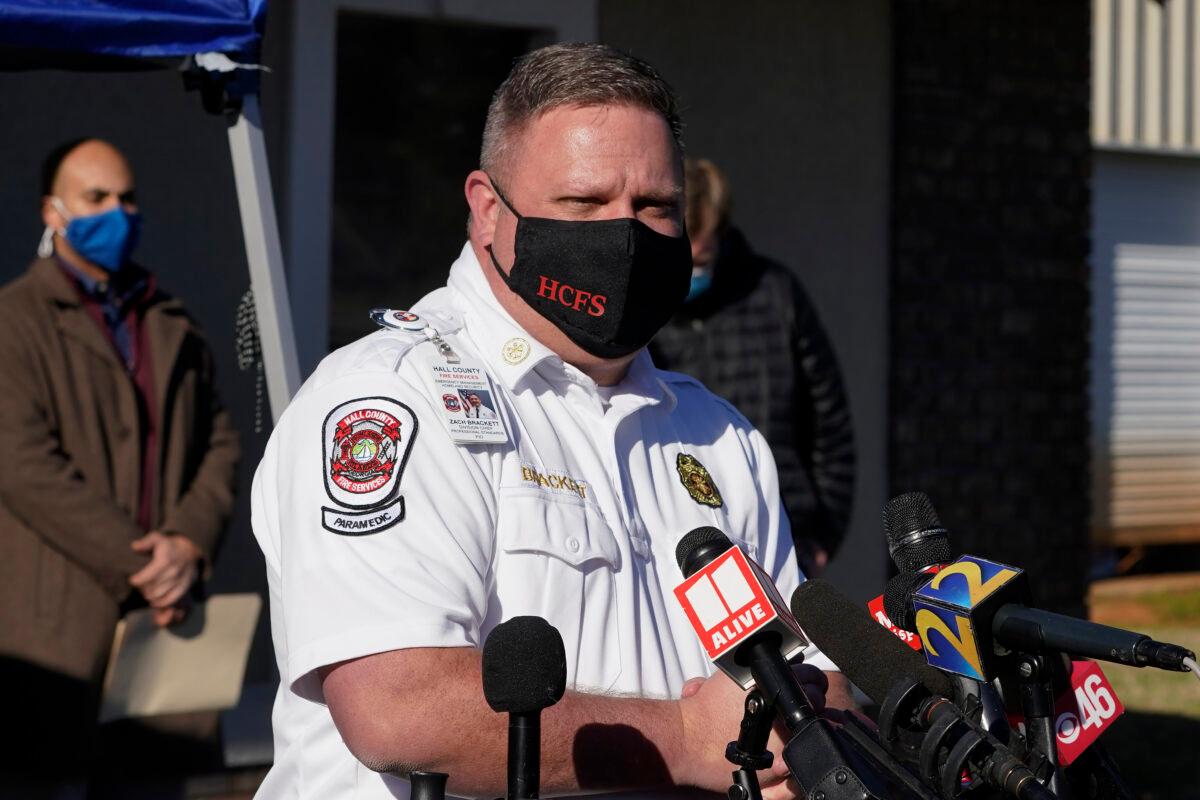 Hall County Fire Services Zach Brackett speaks at a news conference following a liquid nitrogen leak that killed six people at Prime Pak Foods, a poultry plant in Gainesville, Ga., on Thursday, Jan. 28, 2021. (John Bazemore/AP Photo)