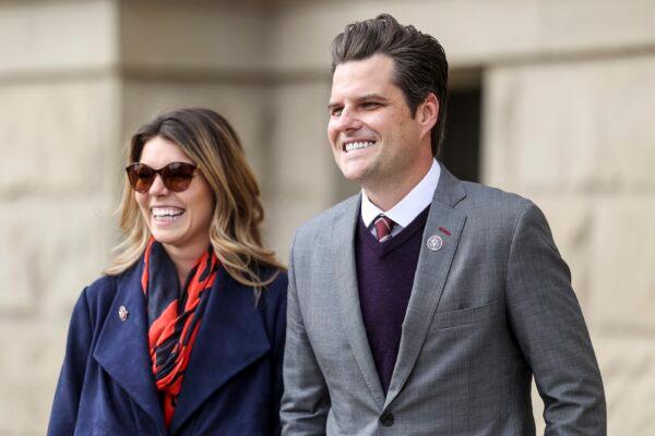 Rep. Matt Gaetz (R-Fla.) smiles with his fiancee Ginger Luckey before speaking to a rally against Rep. Liz Cheney (R-Wyo.) in Cheyenne, Wyo., on Jan. 28, 2021. (Michael Ciaglo/Getty Images)